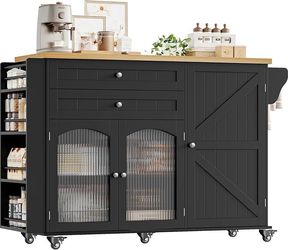 52" Kitchen Island with Storage, Rolling Kitchen Carts on Wheels Kitchen Island on Wheels with Drop Leaf Countertop, Island Table Bar Cart with Spice