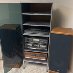 Cabinet With Stereo Components Including Fisher Receiver, Turntable, Cassette deck 