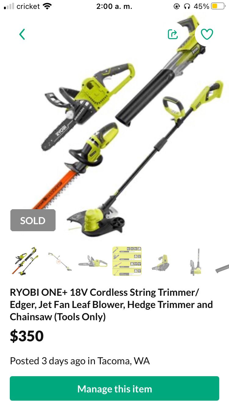 RYOBI ONE+ 18V Cordless String Trimmer/Edger, Jet Fan Leaf Blower, Hedge Trimmer and Chainsaw (Tools Only)