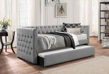Grey Tufted Nailhead Twin Daybed with Pull Out Trundle + 2 Twin Mattresses | 95% Like New