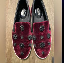Michael Kors Burgundy Velvet Embellished Sneakers – Size 8