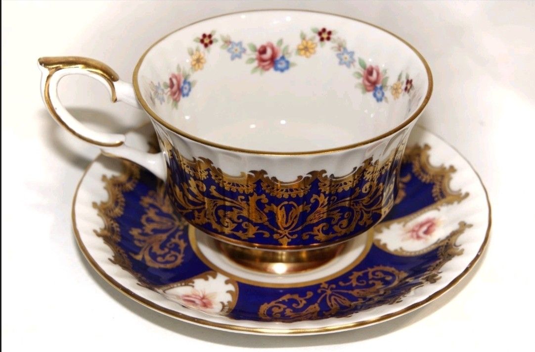 Vintage Paragon England Floral Rose White Turquoise Tea Cup & Saucer Set