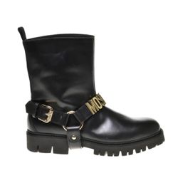 Moschino men’s logo black leather gold metal harness pull on biker boot 44 
