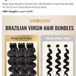 WeQueen Body Wave Bundles Human Hair 16A Brazilian Virgin Hair, Thick Weave Natural Black