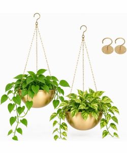 AceList Gold Hanging Planter for Indoor Plants, Set of 2-9.8 Inch Boho Metal Plant Hanger with Hooks & Chain, Brass Finish Hanging Plant Holder for Wi