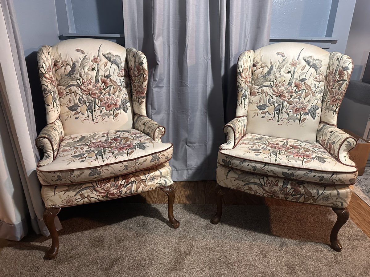 Chippendale Style Floral Wingback Chairs by Pem-Kay Furniture - Pair $250