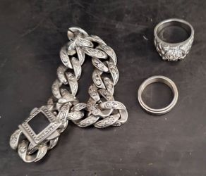 Stain.\nLess steel bracelet and rings for men