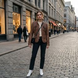 Brown Vintage Style Leather Jacket with Button Closer & Pockets Size M
