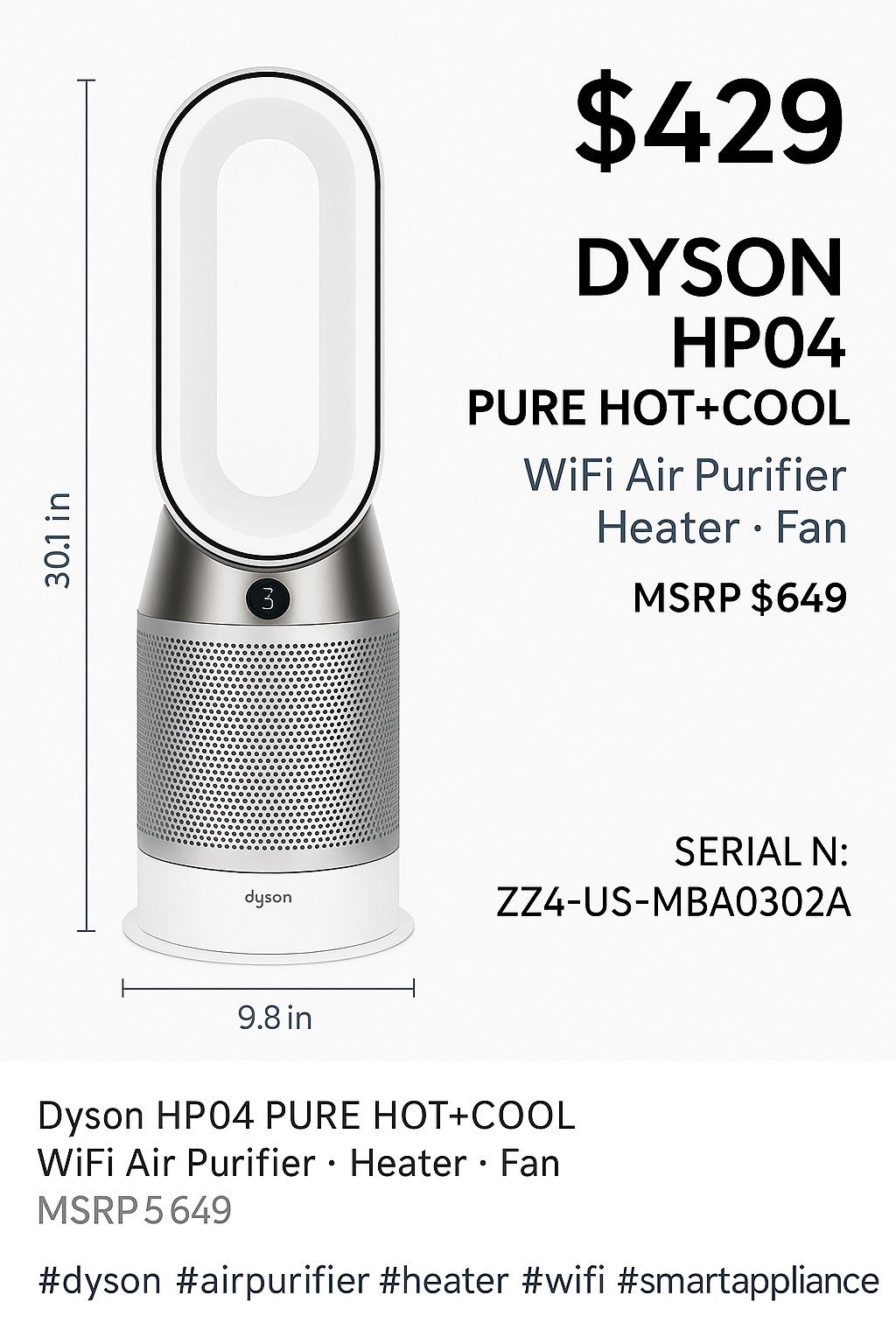 Dyson HP04 Pure Hot+Cool WiFi Air Purifier Heater Fan | MSRP $649 | Serial Verified