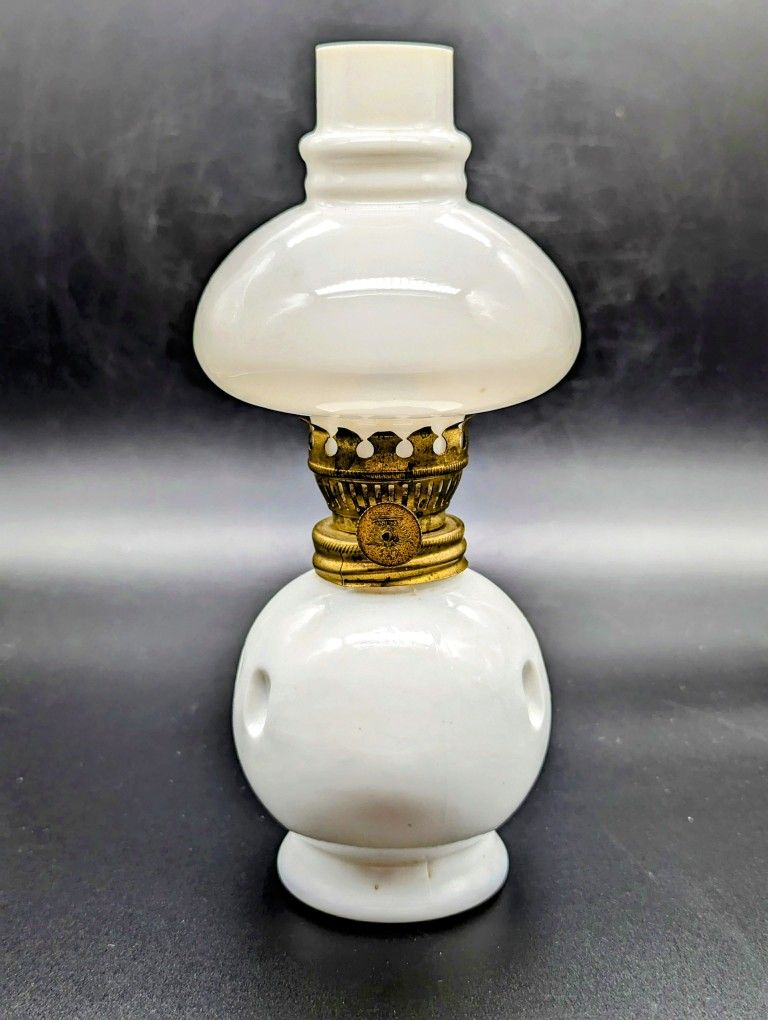 Japan VTG Milk Glass Mini Double Globe Oil Lamp EUC 