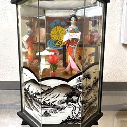 Vintage Miniature Japanese Geisha Doll in Wood Glass Display