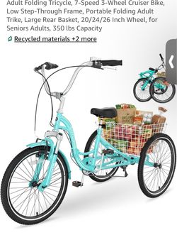 Adult Folding Tricycle, 7-Speed 3-Wheel Cruiser Bike, Low Step-Through Frame, Portable Folding Adult Trike, Large Rear Basket, 20/24/26 Inch Wheel, fo