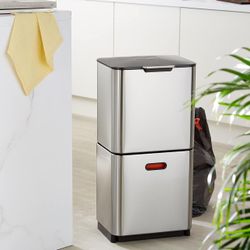 Joseph Joseph Totem Max 60 Liter Waste Separation and Recycling Kitchen Trash Can with Odor Filter and Removable Food Waste Caddy, Stainless Steel