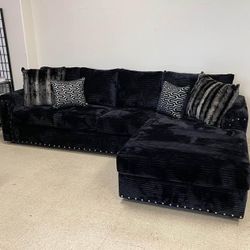 Fancy Corduroy Sofa With Chaise , Living room Space , Black With Studs 💥🤩