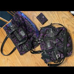 Coach Poppy Purple Leopard 3 Pc. Set Overnight Tote, Big Purse, Wallet- Bags Only Real Great Shiny Condition 
