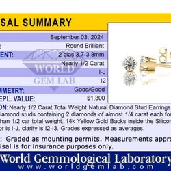 1/2 carat natural diamond earrings studs on 14K white gold certified new!