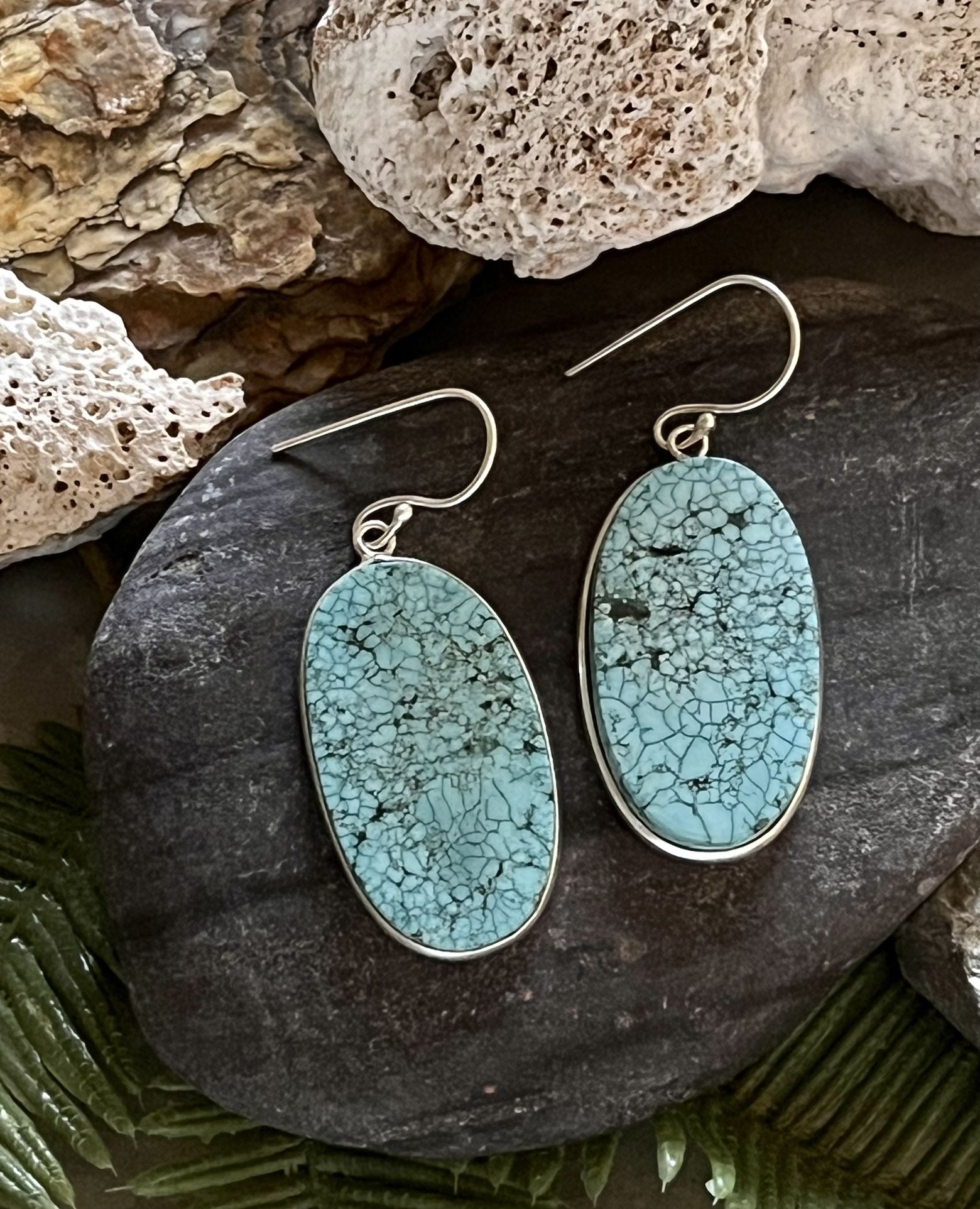 Large Oval Natural Turquoise Gemstone Sterling Silver Earrings