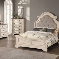 Brand New Antique White Beige 6pc Queen Size Bedroom Set 