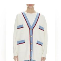 SANDRO White/Blue Judith Contrast Oversized Coatigan/Coat/Cardigan, size 1