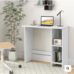 Computer Desk with Storage, Modern Writing Desk with Adjustable Shelf, Space Saving White