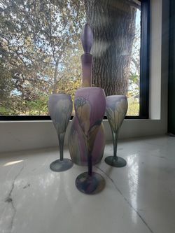 Stunning Vintage Frosted Art Glass Decanter & Wine Glass Set (Pastel Watercolor)