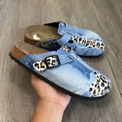 Rare Birkenstock Papillio Size 39 / 8-8.5 US Denim Animal Print Clogs Mules