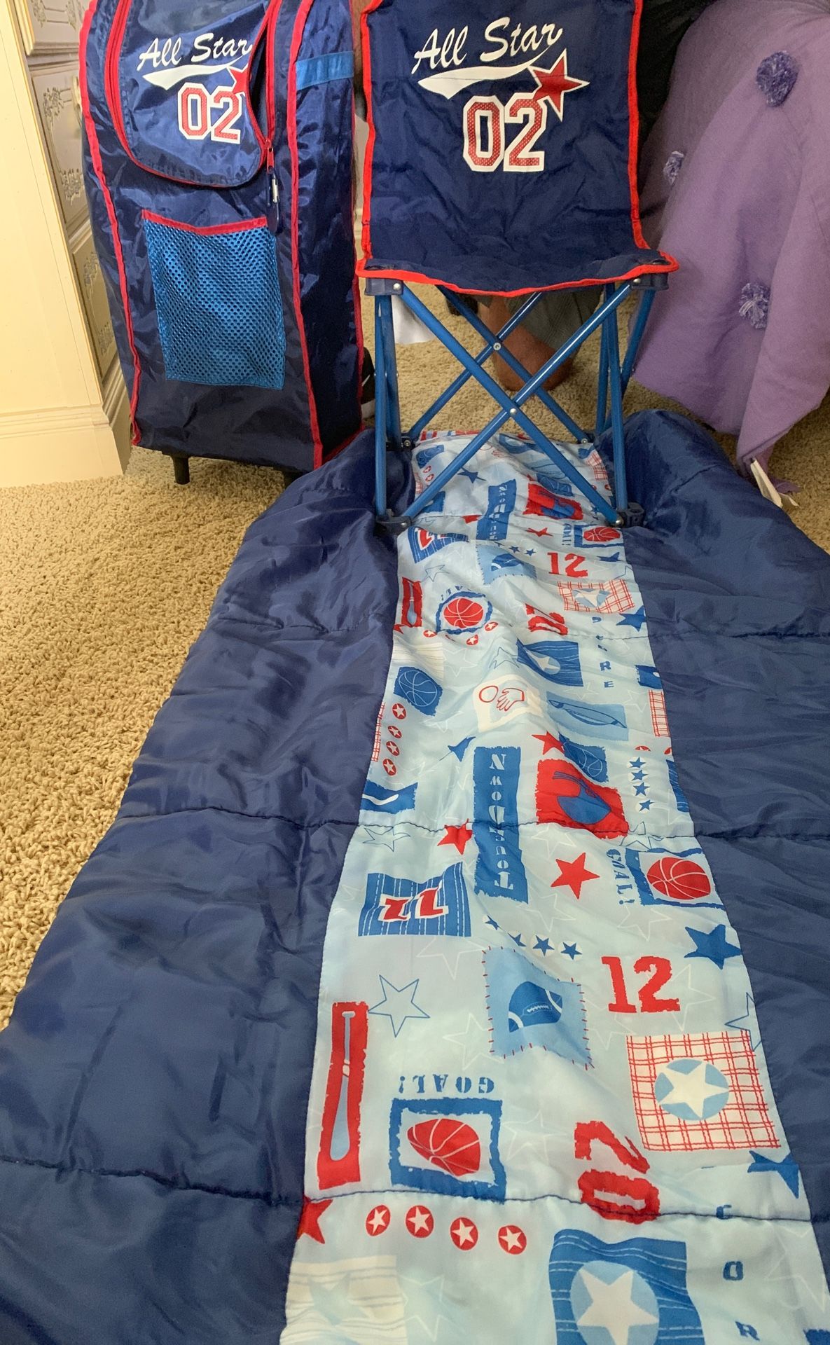 Boys Sports Sleeping Bag and Chair and tent