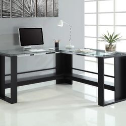 Whalen Jasper 60”W L Shaped Glass and Wood Desk