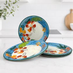 Royal Norfolk Hand Painted Floral Dinner Plates Set of 4 Blue Rim 10.5”