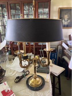 Wildwood MC Brass Horn Bouillotte Table Lamp w/Black Metal Tole Shade