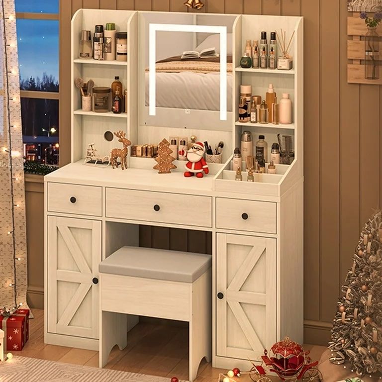 Farmhouse Makeup Vanity Desk with LED Light Mirror and Charging Station, 43" Vanity Set with 3 Drawers & 2 Cabinets, Upholstered Stool for Bedroom(Woo