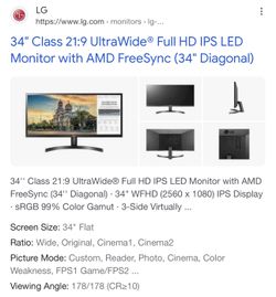 LG 34 Class UltraWide Full HD IPS Monitor