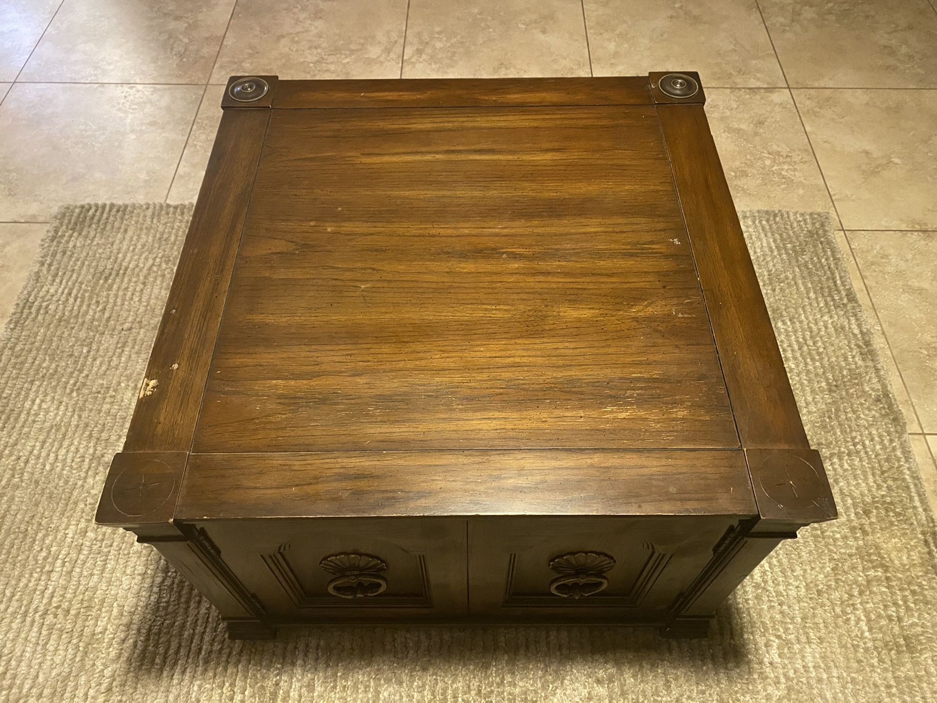 Antique Square Wooden Coffee Table W/ Storage Inside Good Condition