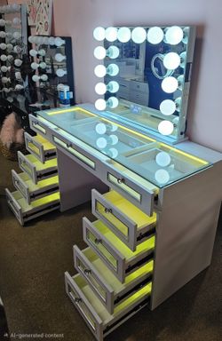 Vanity Desk and Vanity Mirror W/ Built-in Bluetooth speakers. Available in 3 colors; White, Black and Pink.