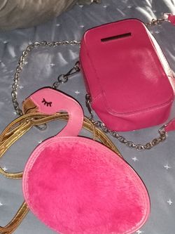 Vtg leather w furry flamingo purse and detach change purse