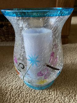 Large crackle glass candle holder with lights up candle