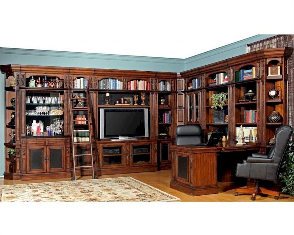 Parker House Leonardo Library Wall Set PH-LEO-SET1 (Desk; Bookcases; Media Center; Ladder; LED Lights)