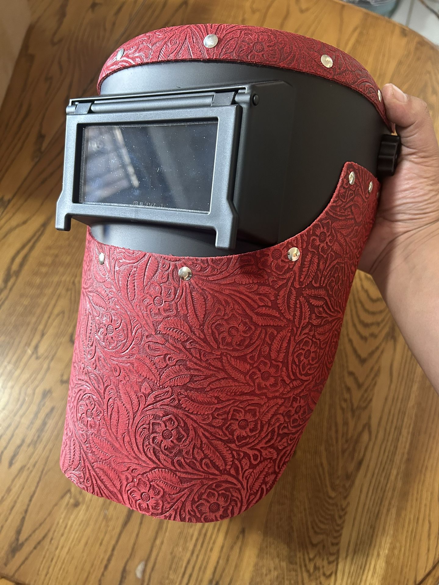 Outlaw Leather Black Slimline Red Floral Welding Hood