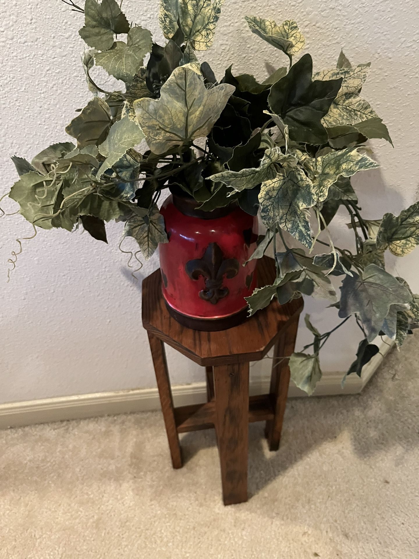 Faux Greenery Fleur De Lis Red Vase Decor And Plant Stand