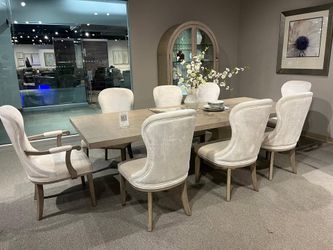 Chic Large Dining Set with Light Oak finish, extension leaf, and upholstered chairs