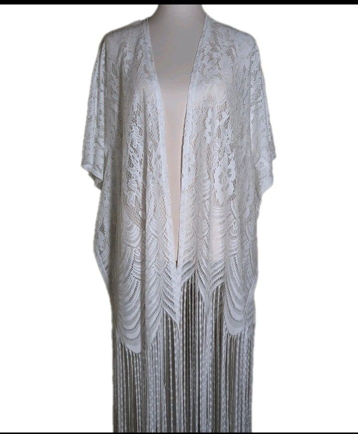 Women's White Lace Fringe Cover Up Duster Kimono Shawl Lingerie Size Small Brand Ember
