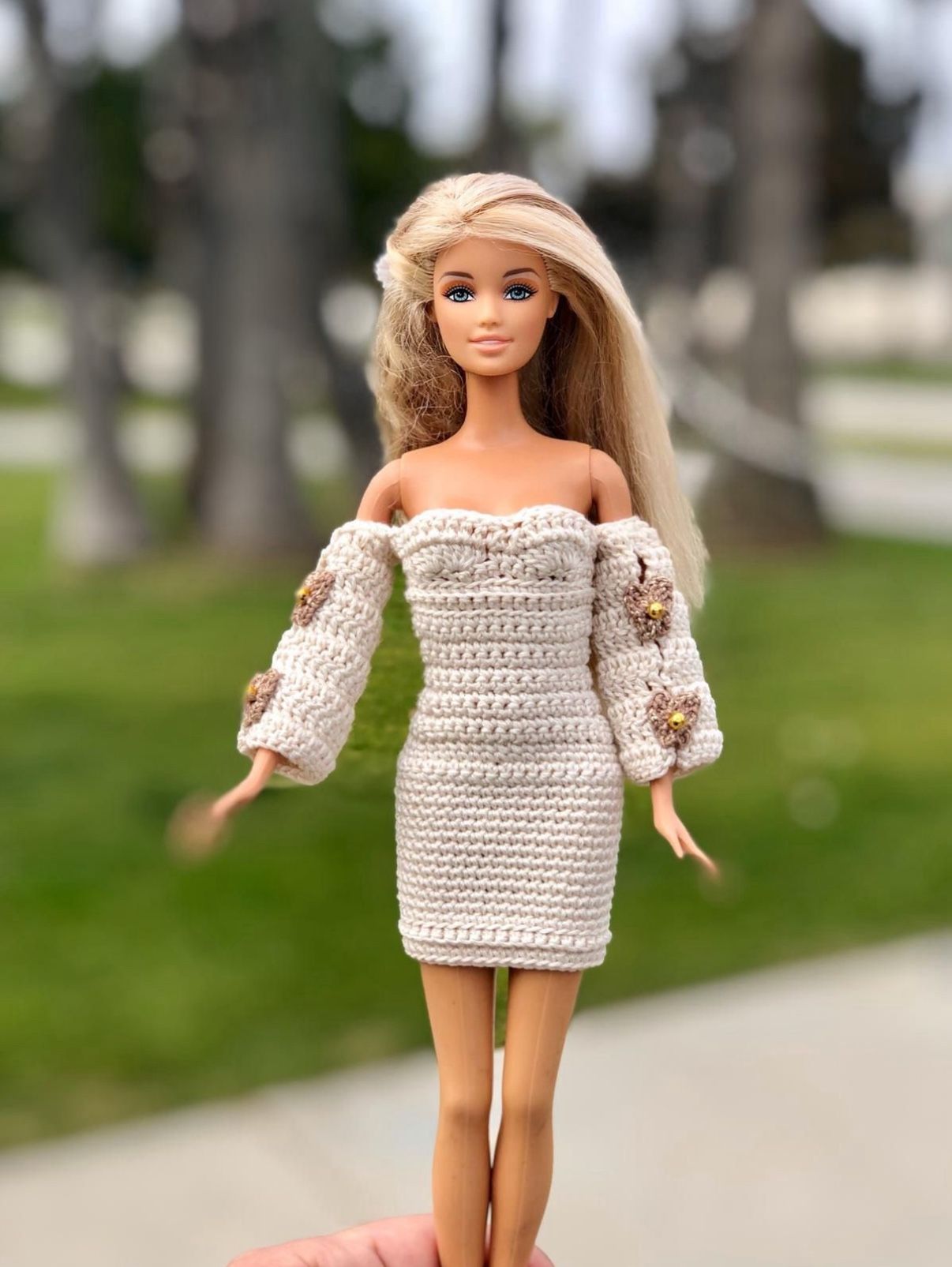 Barbie Knitt Dress Knit Handmade Beige 11 Inch Dolls