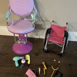 18” Doll Hair Styling Chair, Wheelchair & Accessories (no doll)