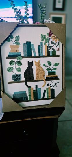 New BP Home Woven Embroidered Textile Wall Art Plants Cat Books 14.5” x 18.5