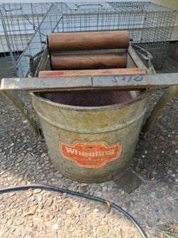 Vintage Wheeling 120 Galvanized Mop Bucket with Wood Rollers / Wringer