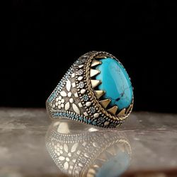 Size 7 Natural Turquoise Blue Stone Vintage Ring 925 Silver Plated For Men