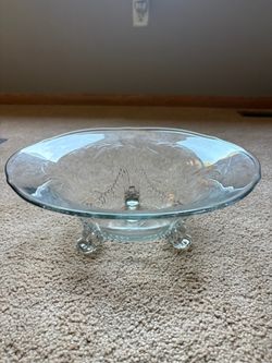 Clear Glass Footed Serving Bowl with Etched Floral Design
