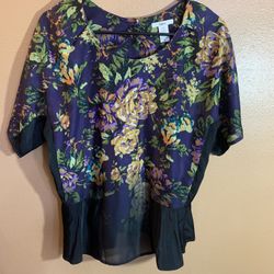 Bar II Purple Floral Peplum Blouse with Yellow & Green Accents XL