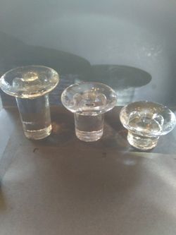 Vintage Blenko Clear Glass Set Of Mushroom Candlestick Holders