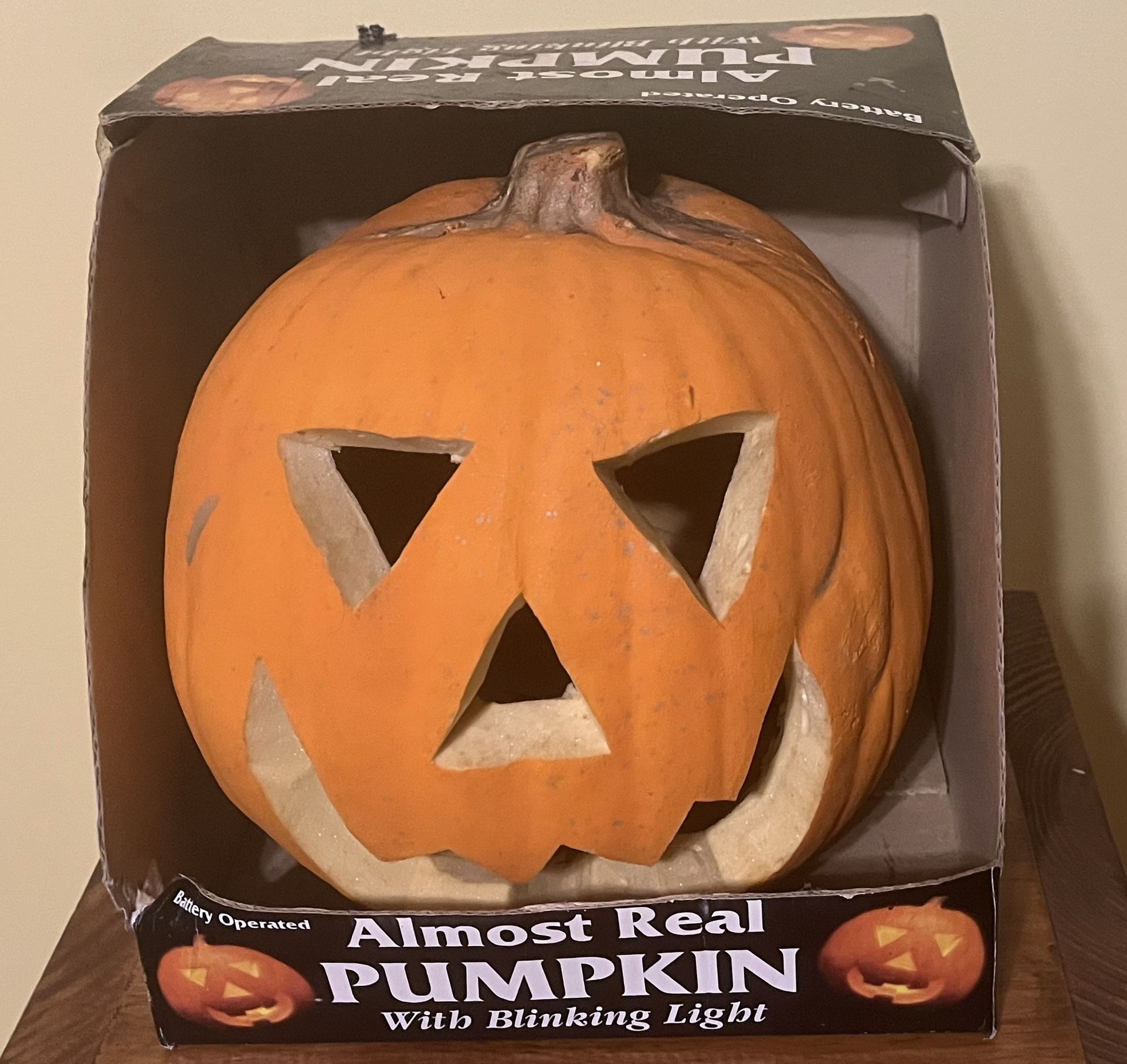 Vintage Almost Real Pumpkin with Carved Face and Blinking Light 